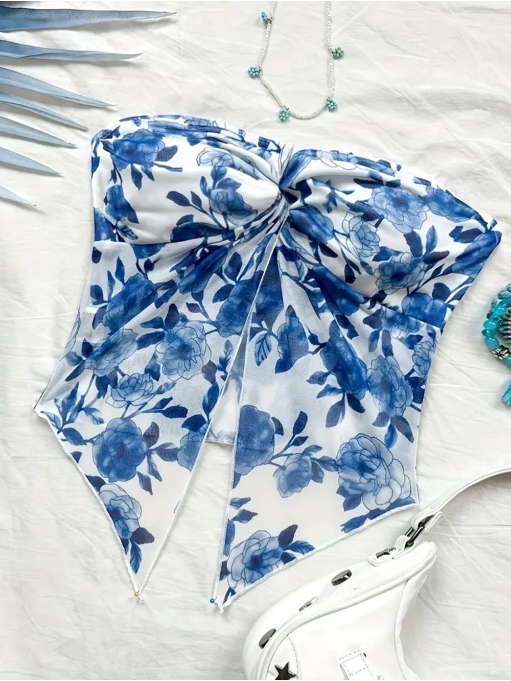 Size small Blue Floral Strapless Scarf Top